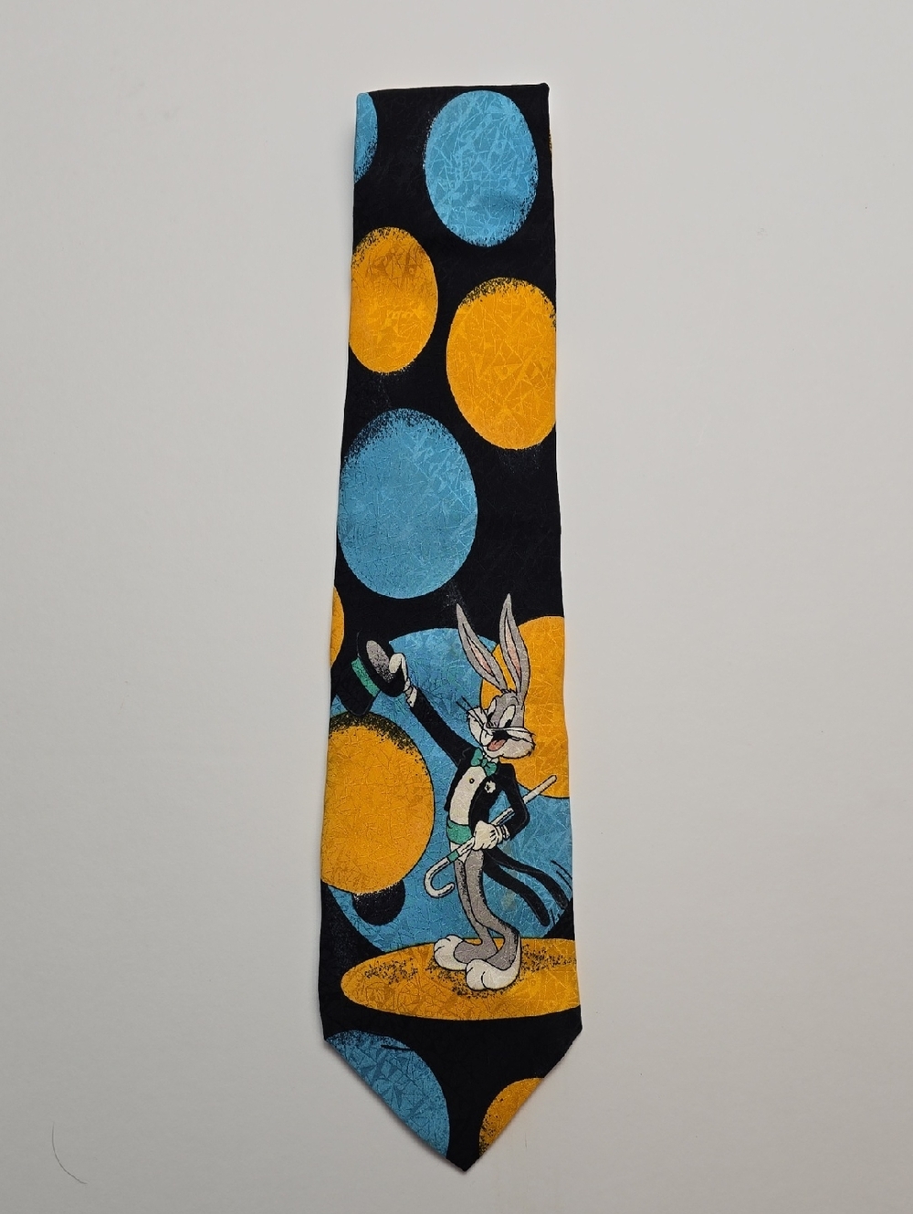 Bugs Bunny Looney Tunes Tie with Blue and Yellow Graphic Polka Pattern 100% Silk